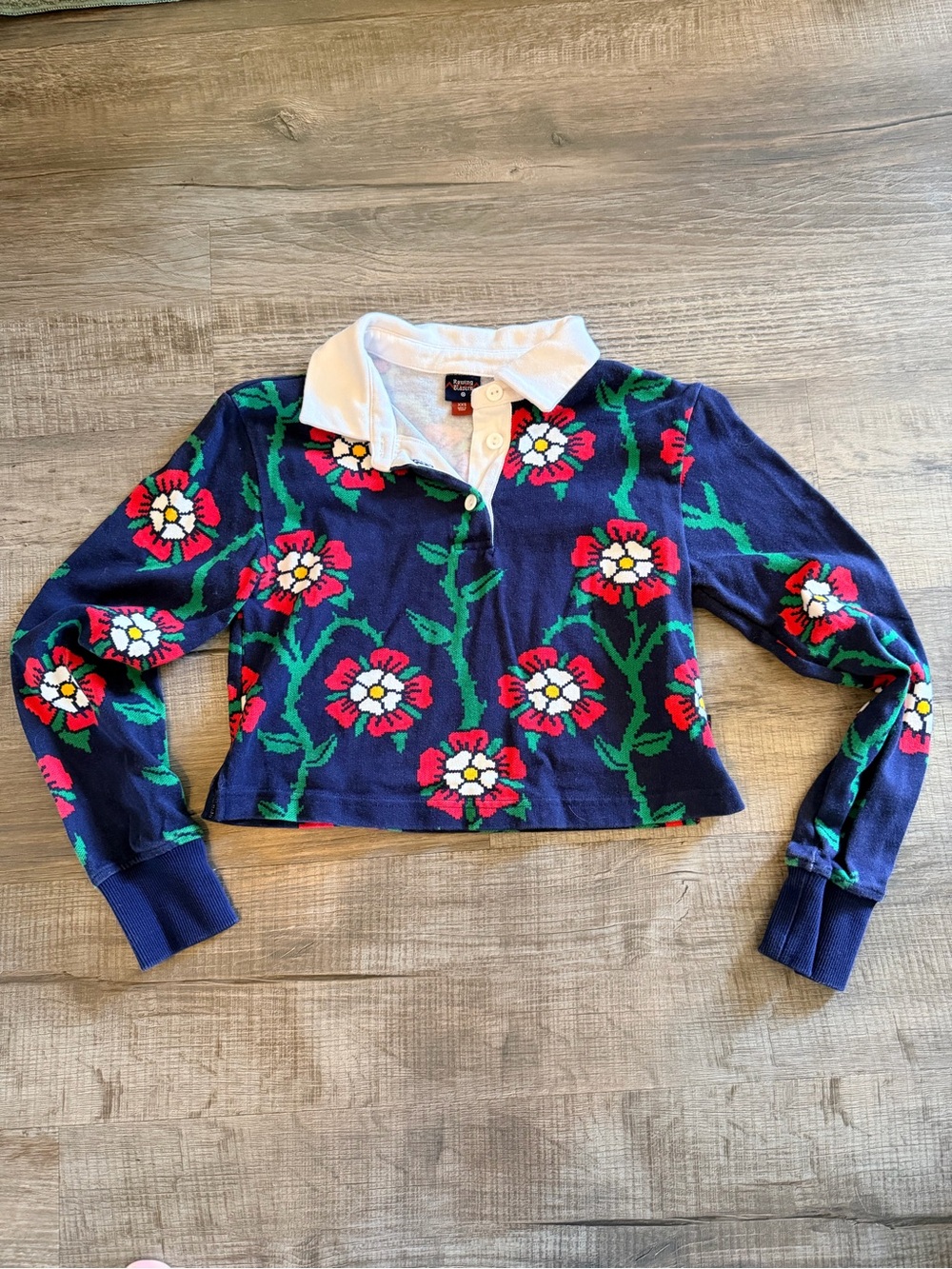 Rowing Blazers Floral Rugby Crop Top Navy Long Sleeve Polo XXS
